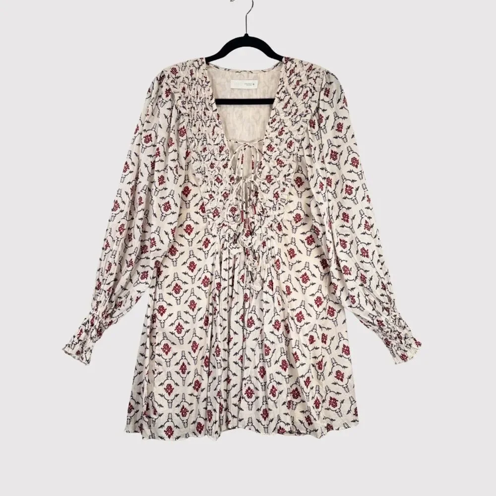 ZARA Mini Dress Beige Floral Puff Sleeve V Neck Lace Up Ruffle A Line Boho XS